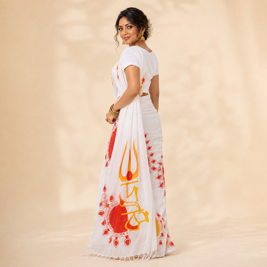 Back view of Debi Fusion Set saree drape with red and yellow trishul and diya print — Durga Puja fusion outfit