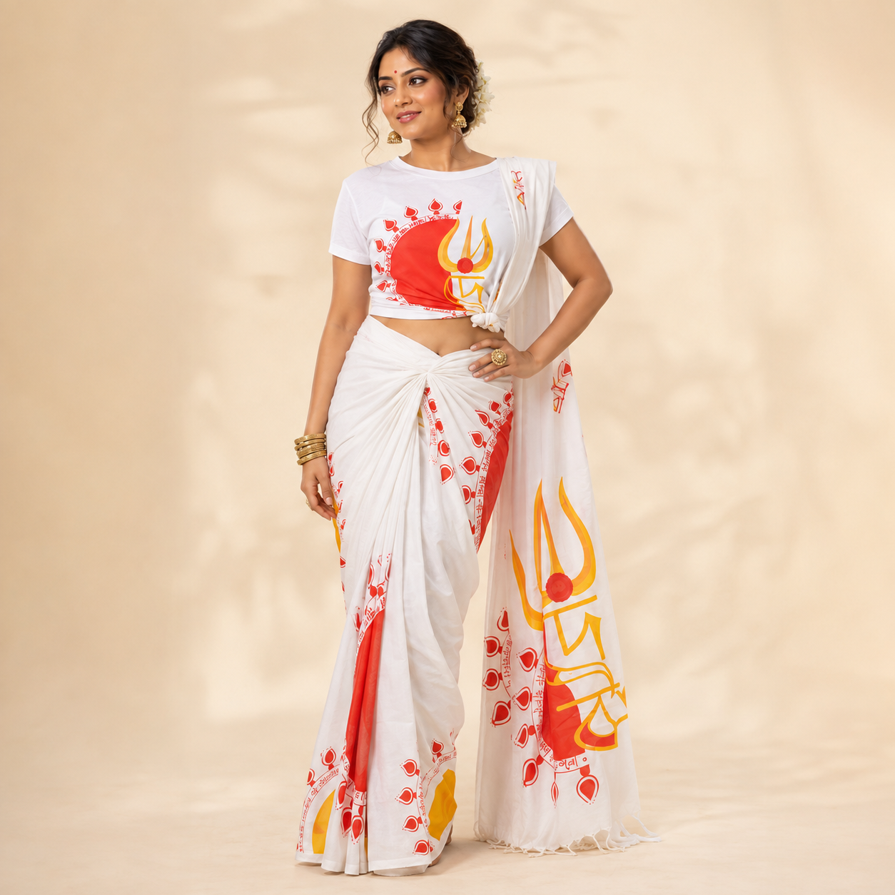 Debi Fusion Set — white দেবী trishul print tee worn as crop top with matching printed cotton saree for Durga Puja
