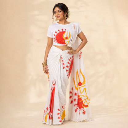 Debi Fusion Set — white দেবী trishul print tee worn as crop top with matching printed cotton saree for Durga Puja