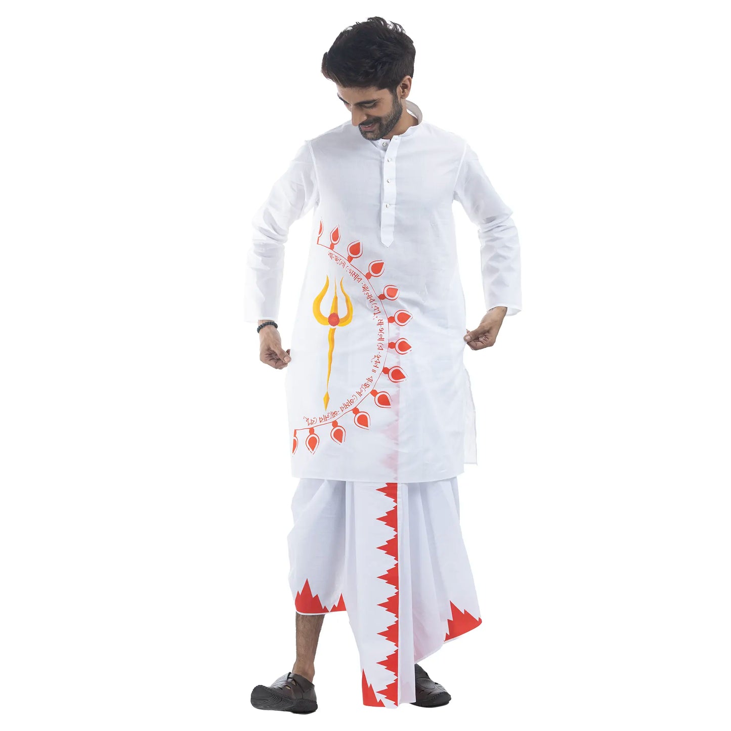 Durga Puja Debi panjabi for men, white cotton with Maa Durga trishul and Mahalaya invocation print