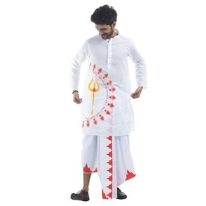 Durga Puja Debi panjabi for men, white cotton with Maa Durga trishul and Mahalaya invocation print