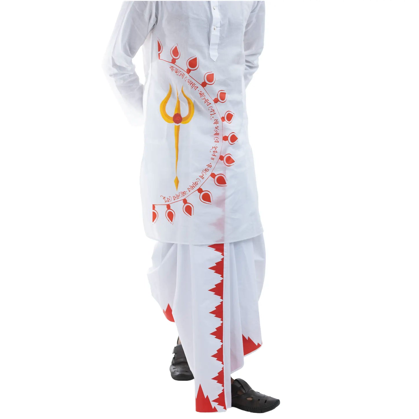 Durga Puja Debi panjabi back view showing trishul and Mahalaya invocation print, white cotton