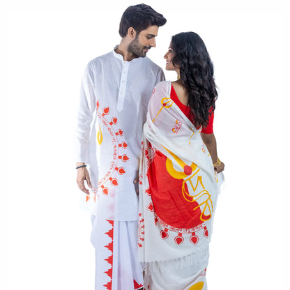 Durga Puja Debi couple combo, matching panjabi and saree with Maa Durga trishul and Mahalaya invocation print