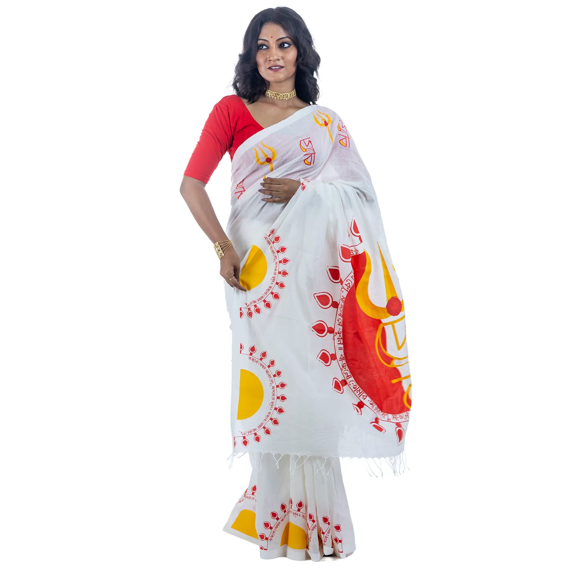 Durga Puja Debi saree for women, white handloom khadi cotton with Maa Durga trishul and Mahalaya invocation print