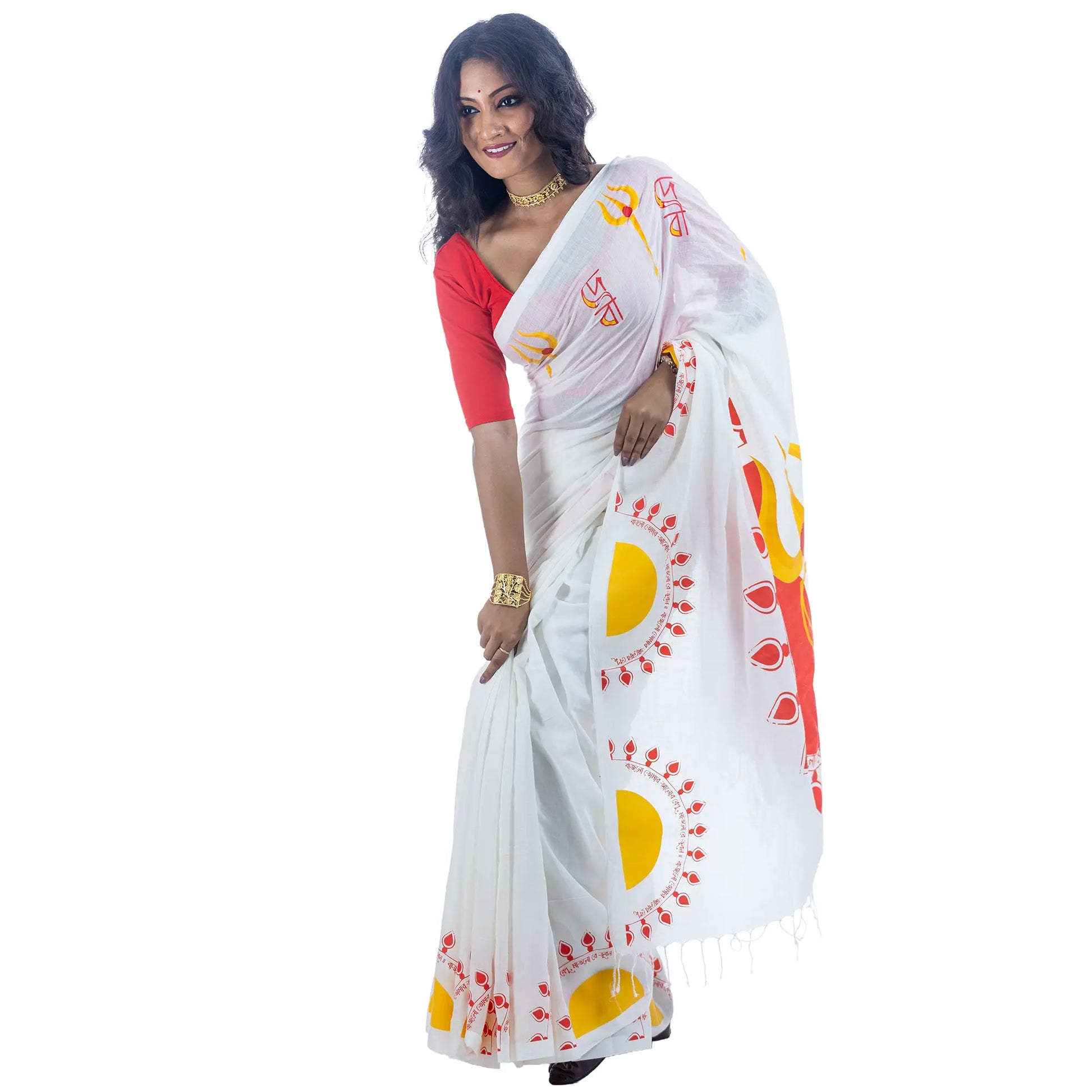 Durga Puja Debi saree side view with Mahalaya invocation border, white handloom khadi cotton