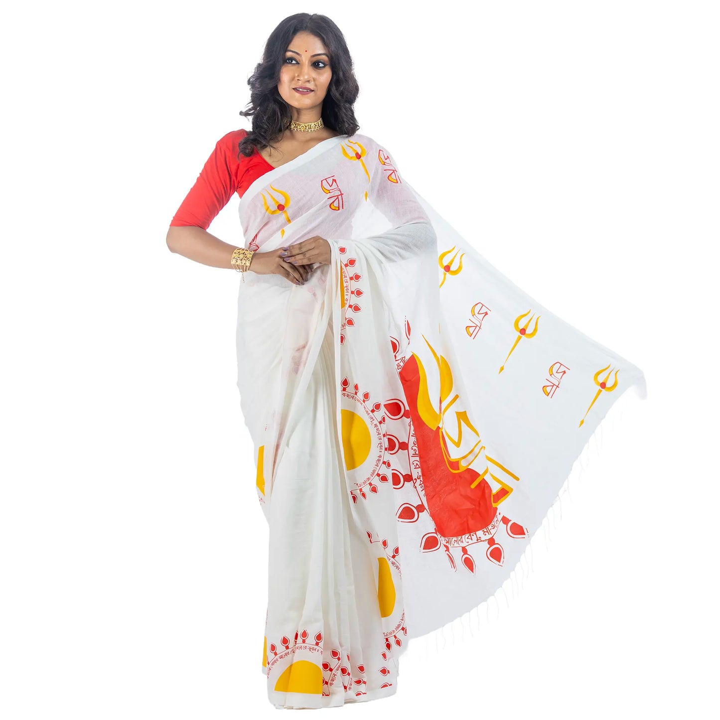 Durga Puja Debi saree draped look, white handloom khadi cotton Bengali ritual wear