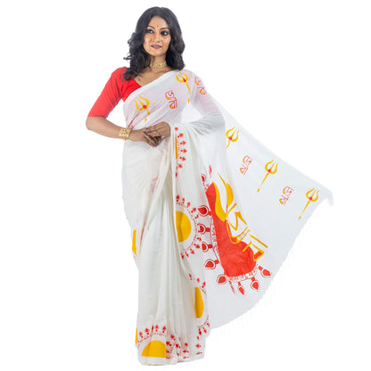 Durga Puja Debi saree draped look, white handloom khadi cotton Bengali ritual wear