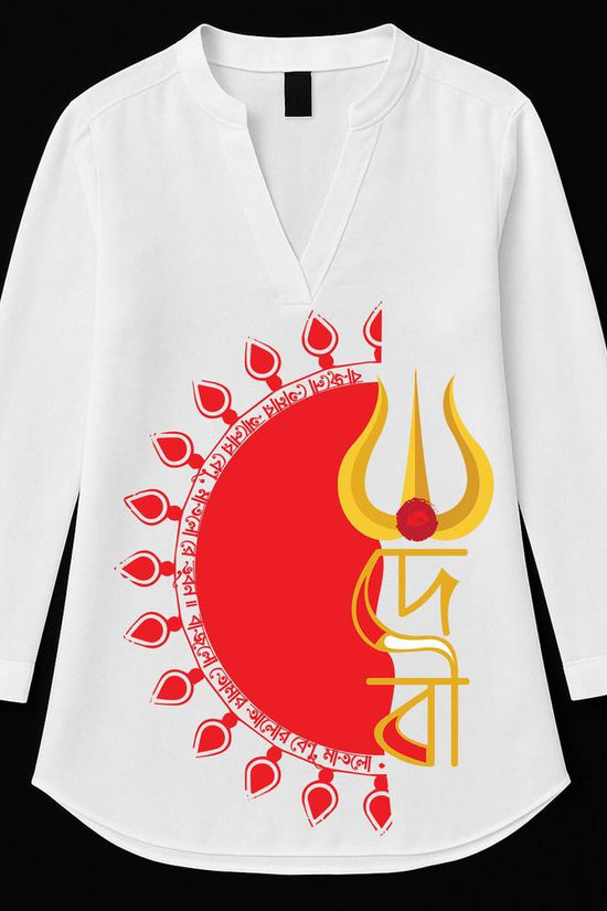 Debi Cotton Kurti - Graphic Printed for Women featuring bold red Durga trident design and Bengali script on white cotton fabric. Ideal for festive wear.