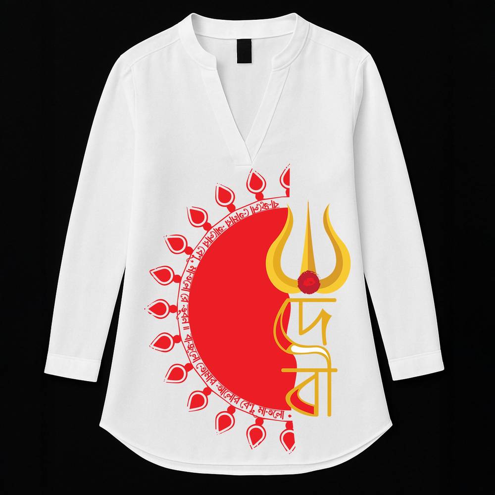 Debi Cotton Kurti - Graphic Printed for Women featuring bold red Durga trident design and Bengali script on white cotton fabric. Ideal for festive wear.