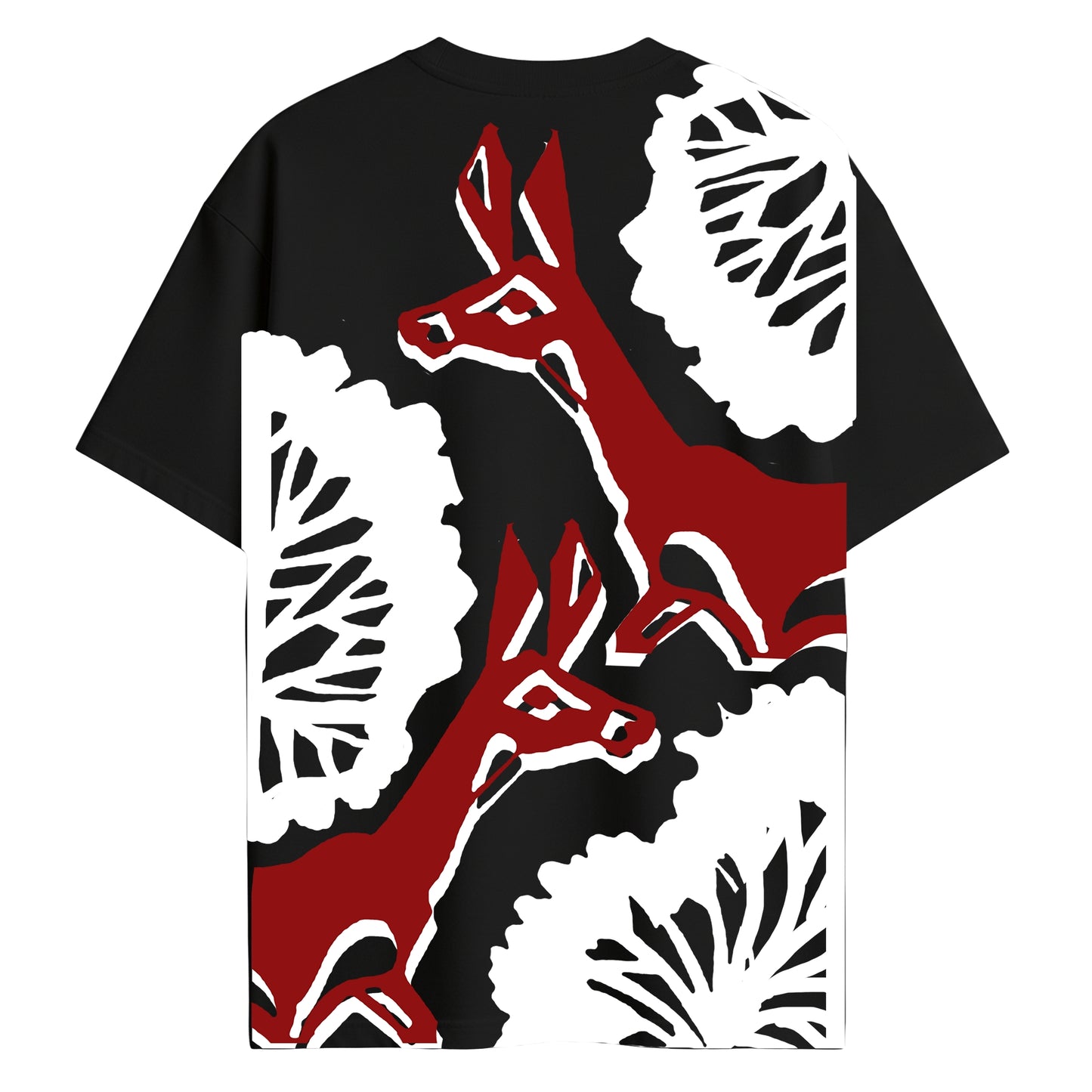 Back view of Deer Sahaj Path T-Shirt featuring bold red deer and white foliage graphic on black oversized cotton fabric.