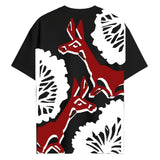 Back view of Deer Sahaj Path T-Shirt featuring bold red deer and white foliage graphic on black oversized cotton fabric.