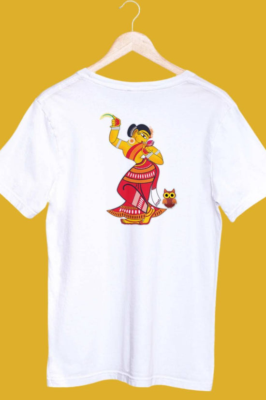 Devi Laxmi T-Shirt featuring a vibrant Bengali religious print on a white cotton unisex tee. Regular fit, perfect for adding a cultural touch to your wardrobe.