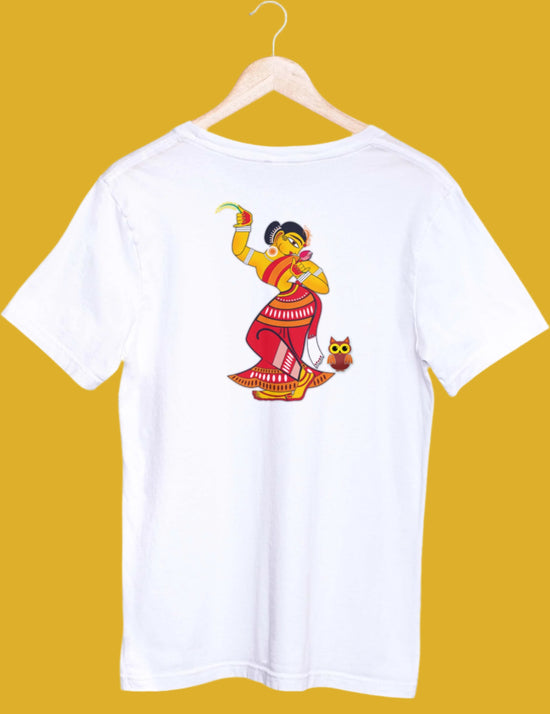 Devi Laxmi T-Shirt featuring a vibrant Bengali religious print on a white cotton unisex tee. Regular fit, perfect for adding a cultural touch to your wardrobe.