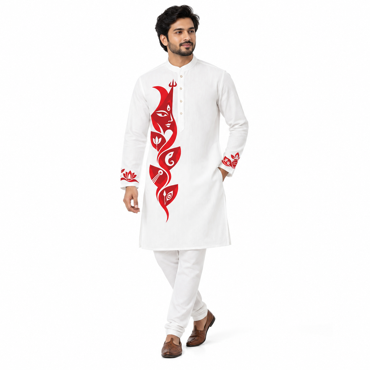 Front view of Devi and Her Children Panjabi worn on model, showing full vine print with Durga's face and four children's petals on white cotton