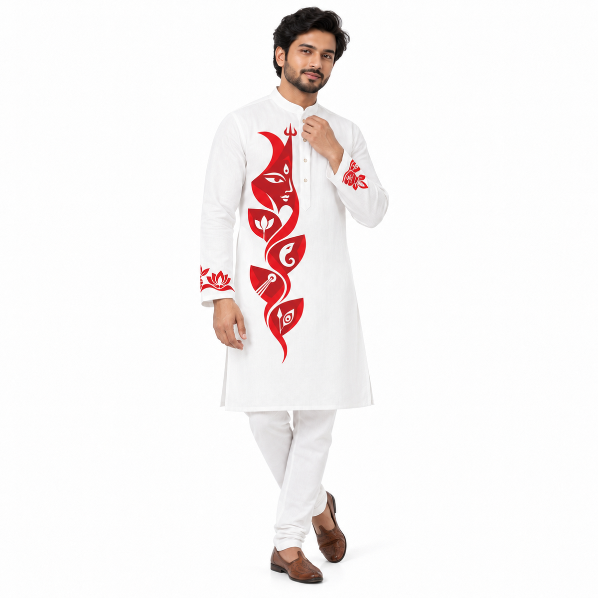 Man wearing Devi and Her Children Panjabi, white cotton kurta with Durga's face and four petal motifs for Lakshmi, Saraswati, Ganesha and Kartikeya