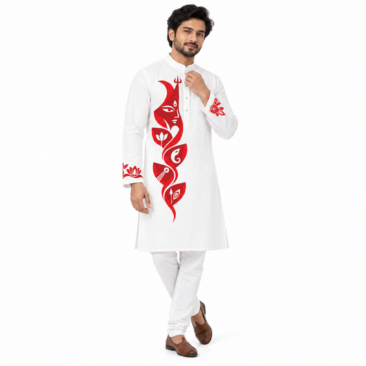 Man wearing Devi and Her Children Panjabi, white cotton kurta with Durga's face and four petal motifs for Lakshmi, Saraswati, Ganesha and Kartikeya