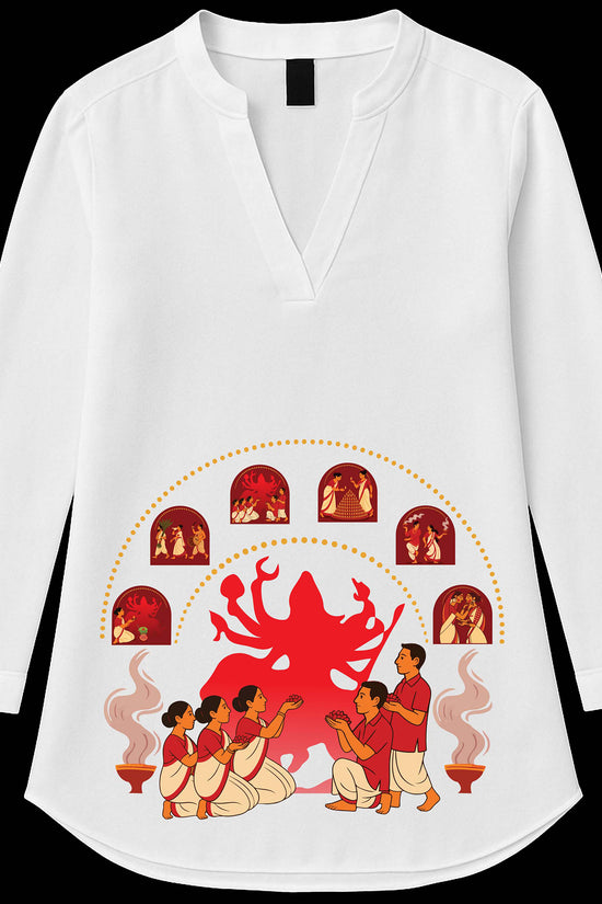 Durga Puja Kurti by Smarteez - Devi Days in white cotton featuring vibrant Bengali art of devotees worshipping Goddess Durga, ideal for festive wear.