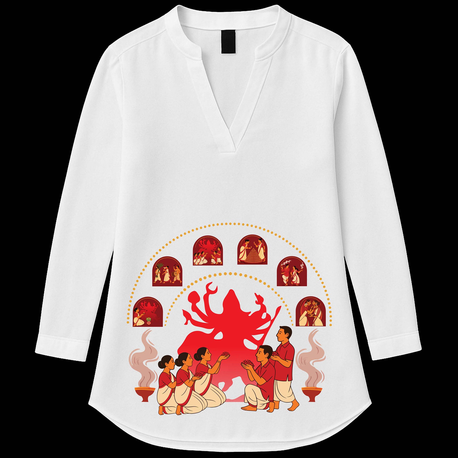 Durga Puja Kurti by Smarteez - Devi Days in white cotton featuring vibrant Bengali art of devotees worshipping Goddess Durga, ideal for festive wear.