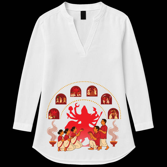 Durga Puja Kurti by Smarteez - Devi Days in white cotton featuring vibrant Bengali art of devotees worshipping Goddess Durga, ideal for festive wear.
