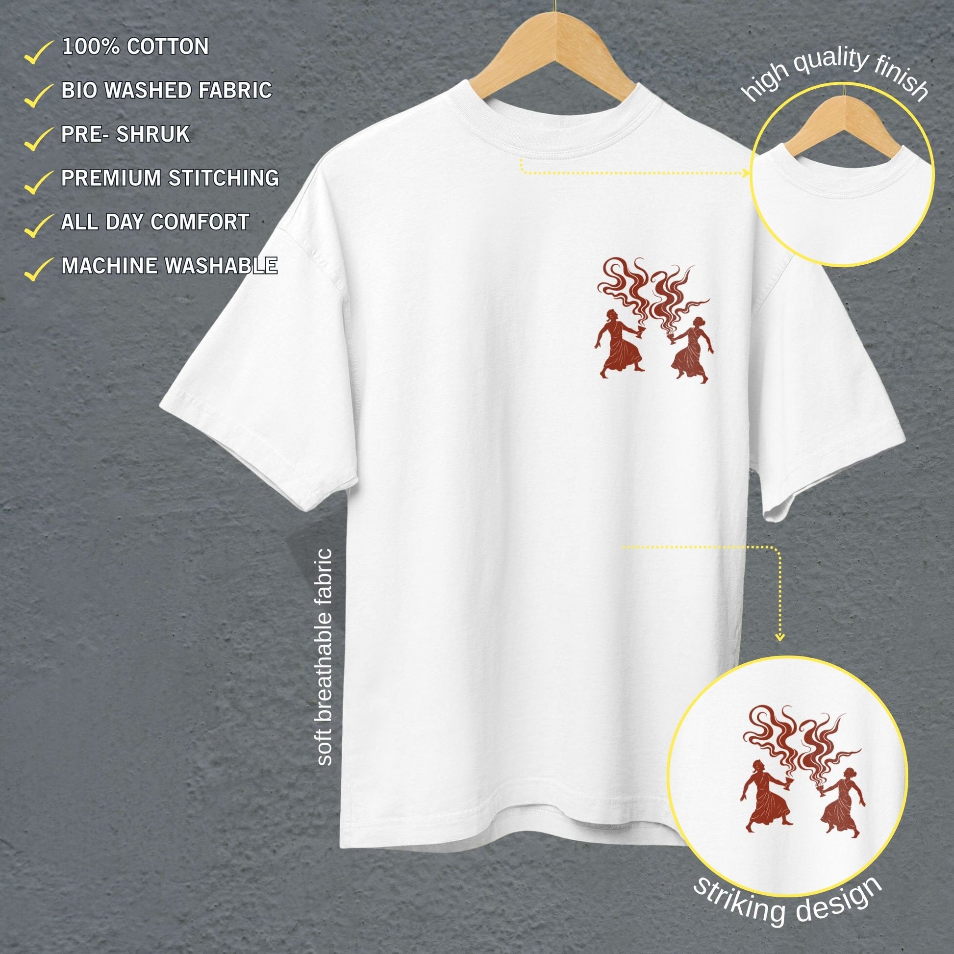 Dhunuchi Dance Tee - Durga Puja T Shirt in white with minimal folk design of dancers, oversized unisex fit, soft breathable cotton fabric.