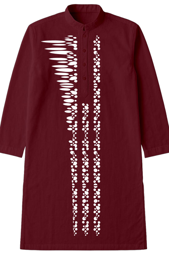 Bengali Graphic Panjabi - Artistic Kurta in maroon with abstract vertical dotted-line design, traditional wear for men.
