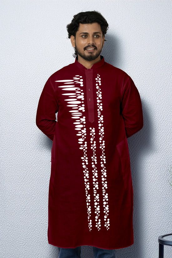 Model wearing Dotted Harmony Bengali Graphic Panjabi Kurta featuring modern abstract design, ideal for festive and cultural occasions.