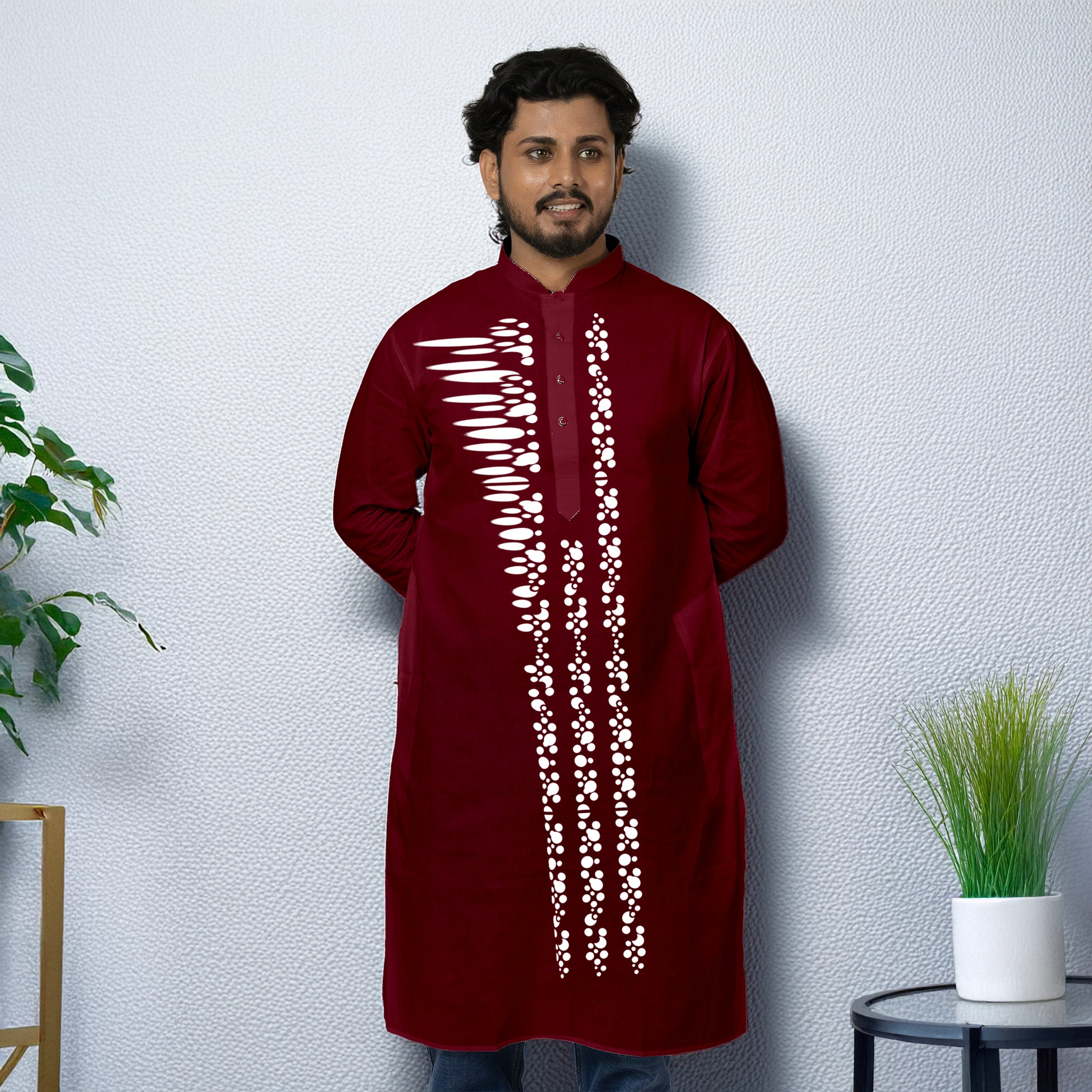 Model wearing Dotted Harmony Bengali Graphic Panjabi Kurta featuring modern abstract design, ideal for festive and cultural occasions.
