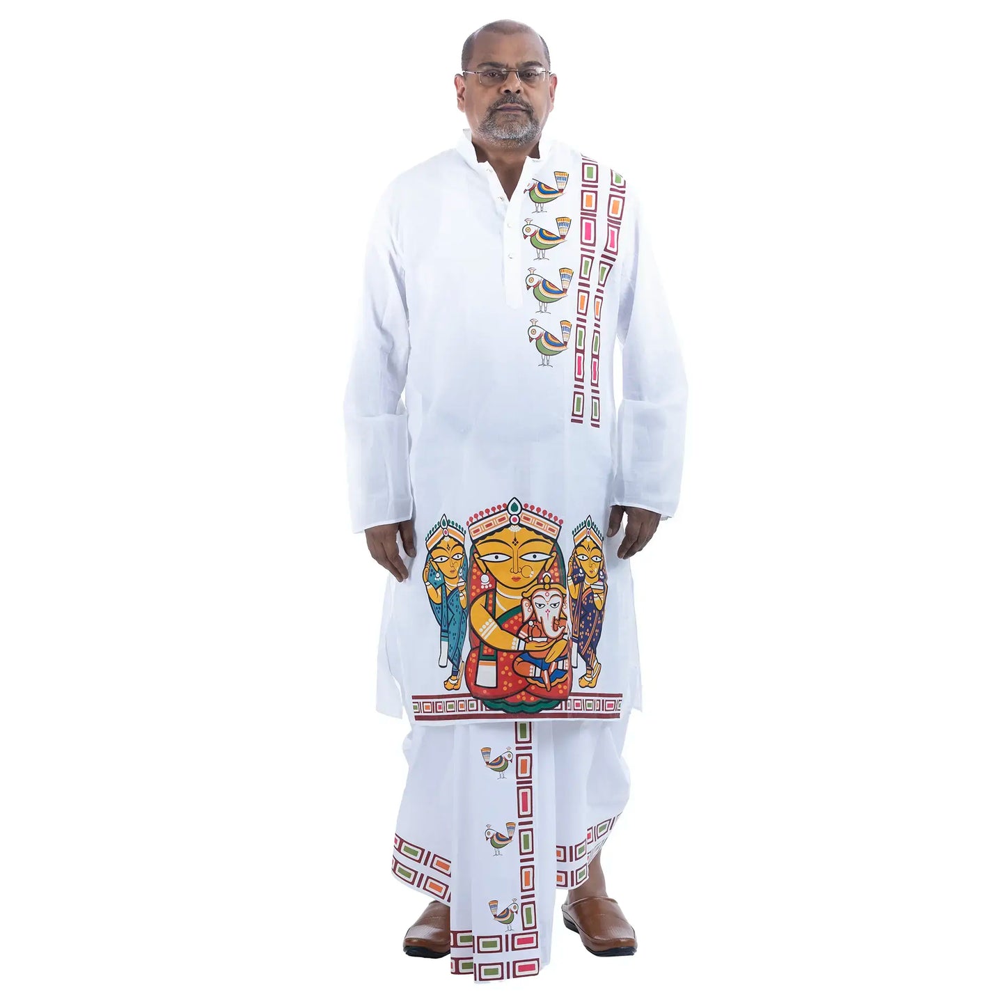 Full Durga Puja look styled with Jamini Roy art panjabi and matching white cotton dhuti
