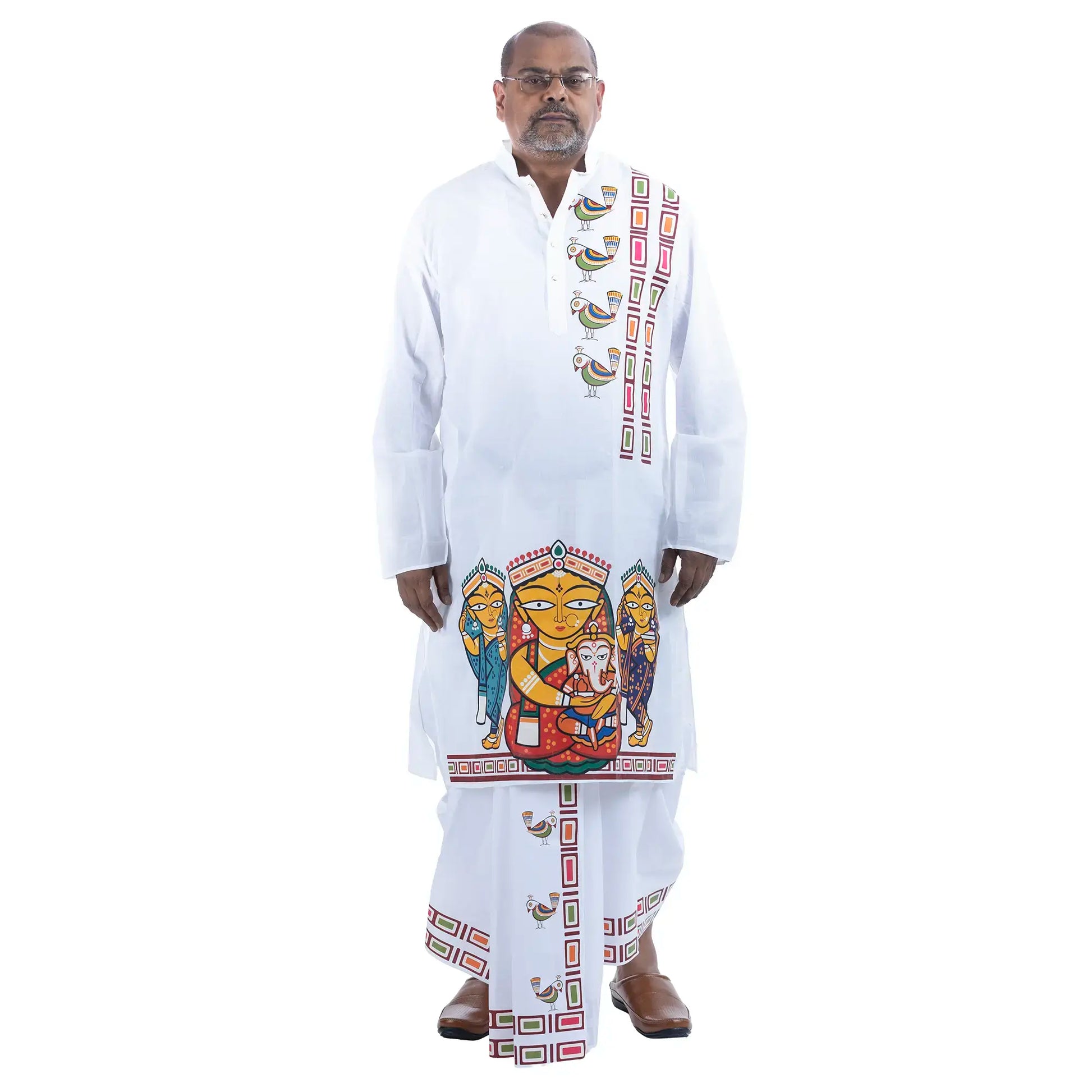 Full Durga Puja look styled with Jamini Roy art panjabi and matching white cotton dhuti