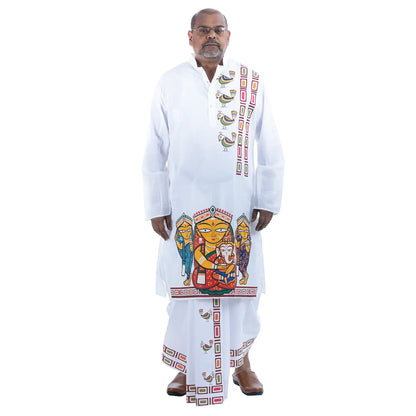 Full Durga Puja look styled with Jamini Roy art panjabi and matching white cotton dhuti