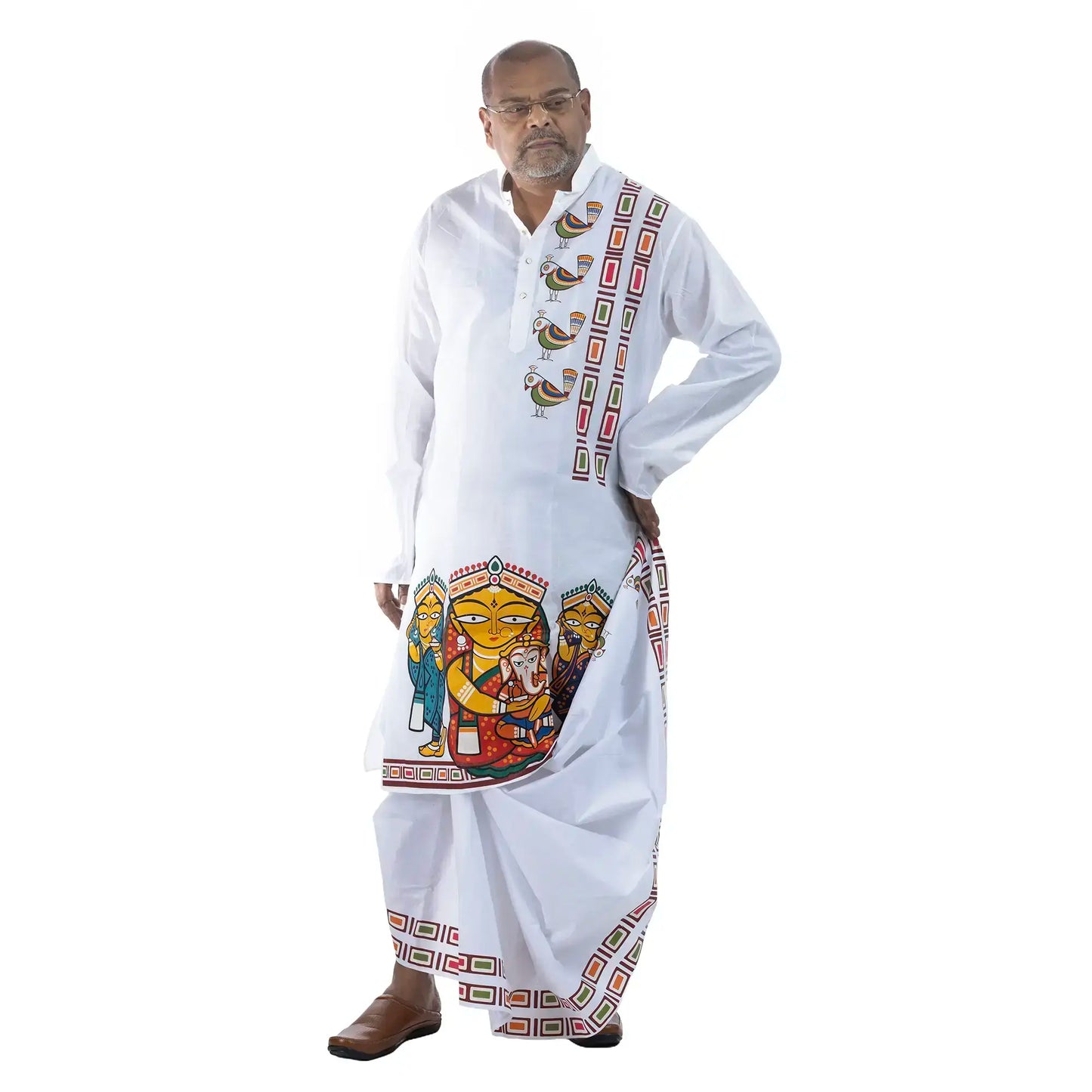 Side view of white cotton Durga Puja panjabi with peacock motif and folk art border