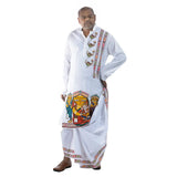 Side view of white cotton Durga Puja panjabi with peacock motif and folk art border