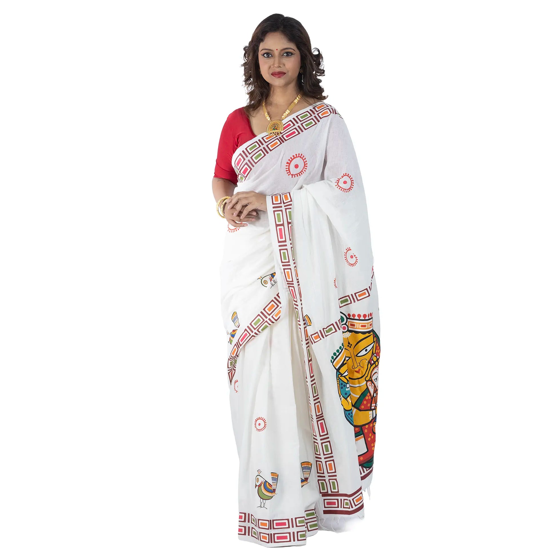 Durga Puja saree draped look, white khadi cotton with peacock motif and geometric folk art border