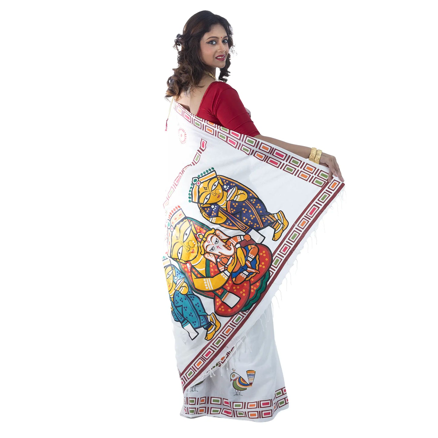 Durga Puja saree close-up showing Jamini Roy style folk art print of Maa Durga on khadi cotton pallu