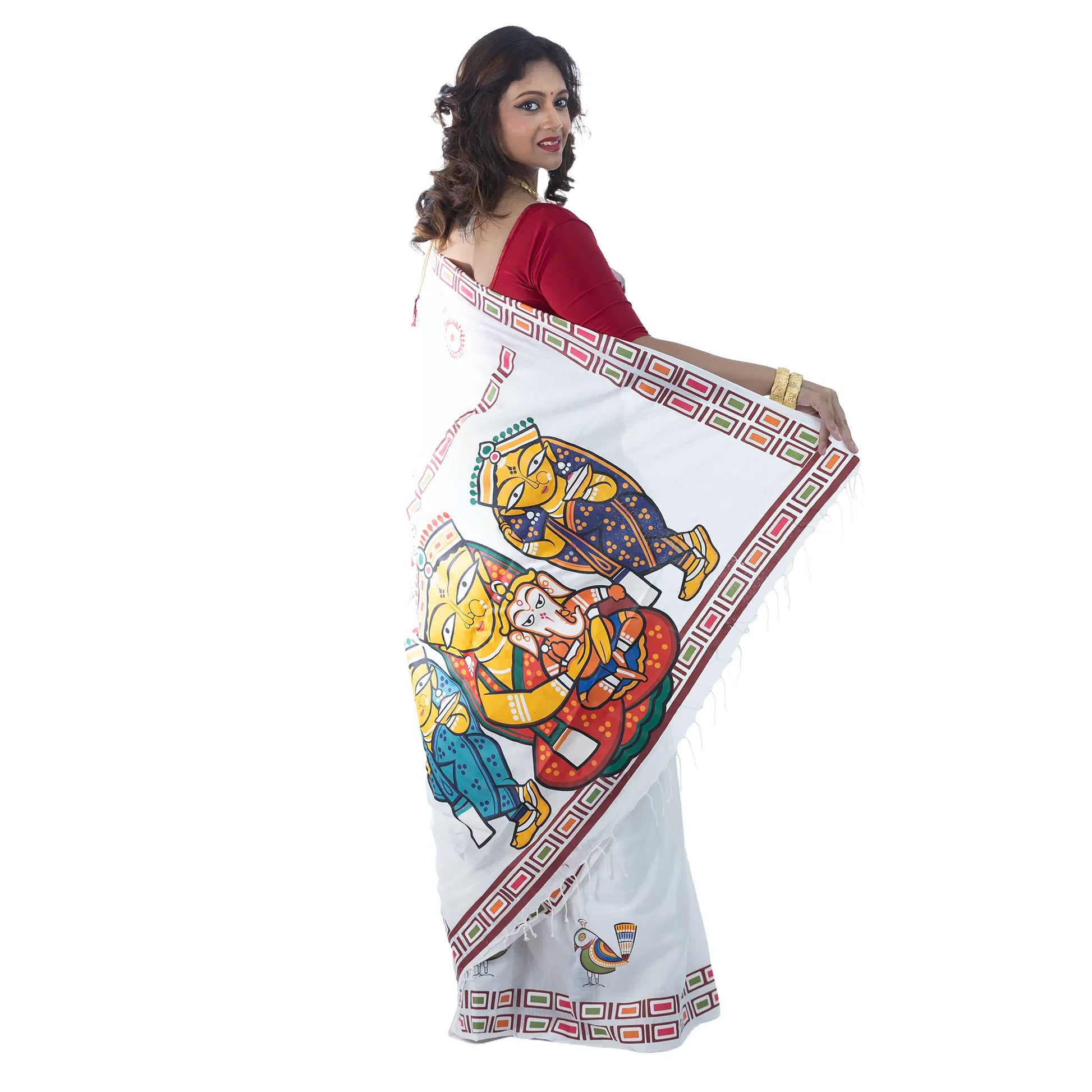 Durga Puja saree close-up showing Jamini Roy style folk art print of Maa Durga on khadi cotton pallu
