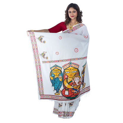 Durga Puja special white khadi cotton saree with Jamini Roy style Maa Durga & her family folk art print and geometric border