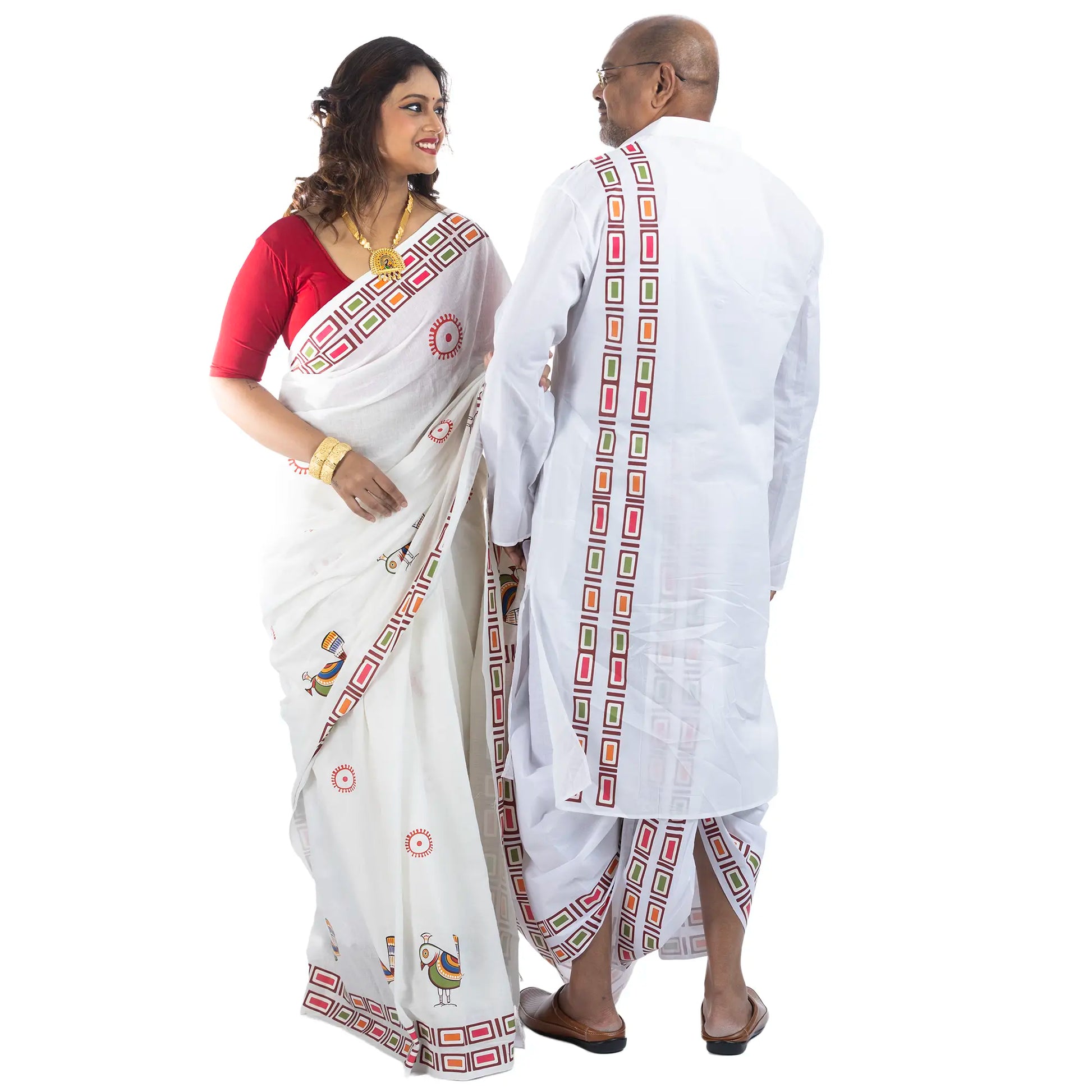 Close-up of Jamini Roy style Maa Durga folk art print and geometric border on white khadi cotton saree pallu