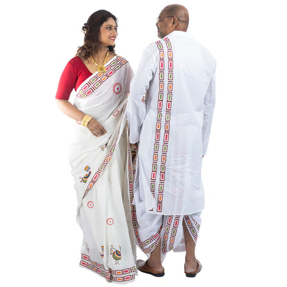 Close-up of Jamini Roy style Maa Durga folk art print and geometric border on white khadi cotton saree pallu
