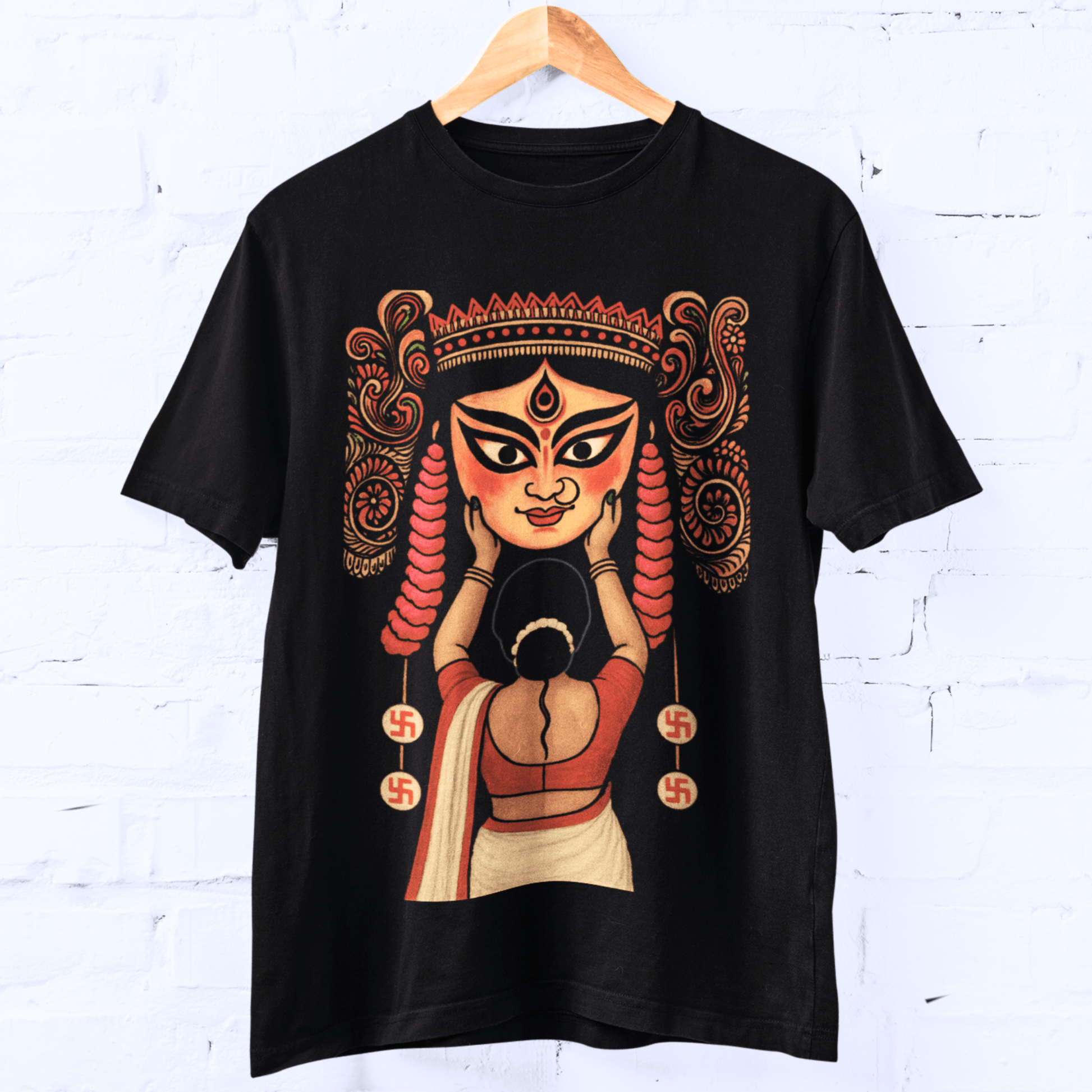 Durga Puja T-shirt design featuring a woman performing Boron ritual in vibrant Bengali folk-art style on black cotton fabric.