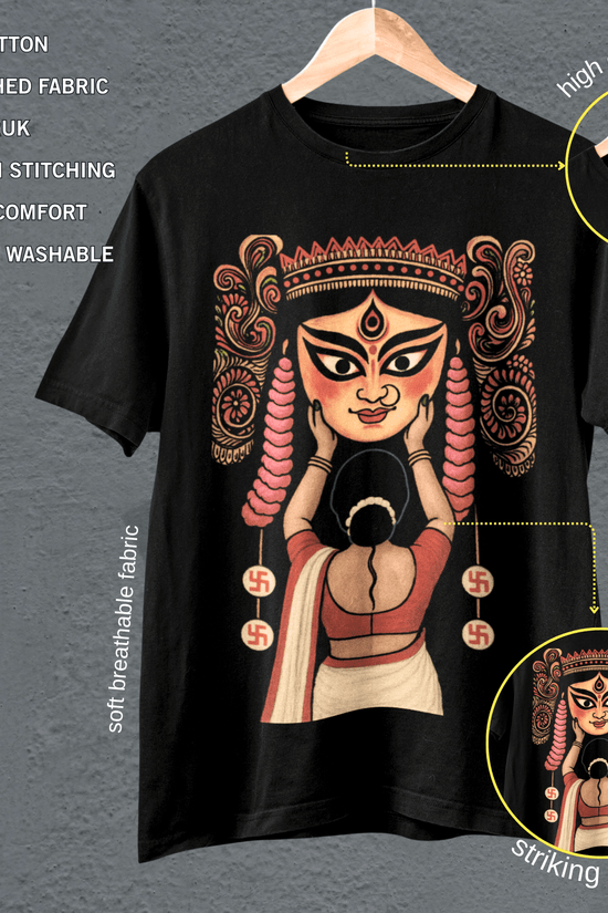 Durga Puja T-shirt with Boron ritual artwork, highlighting features like bio-washed cotton, premium stitching, and breathable fabric.