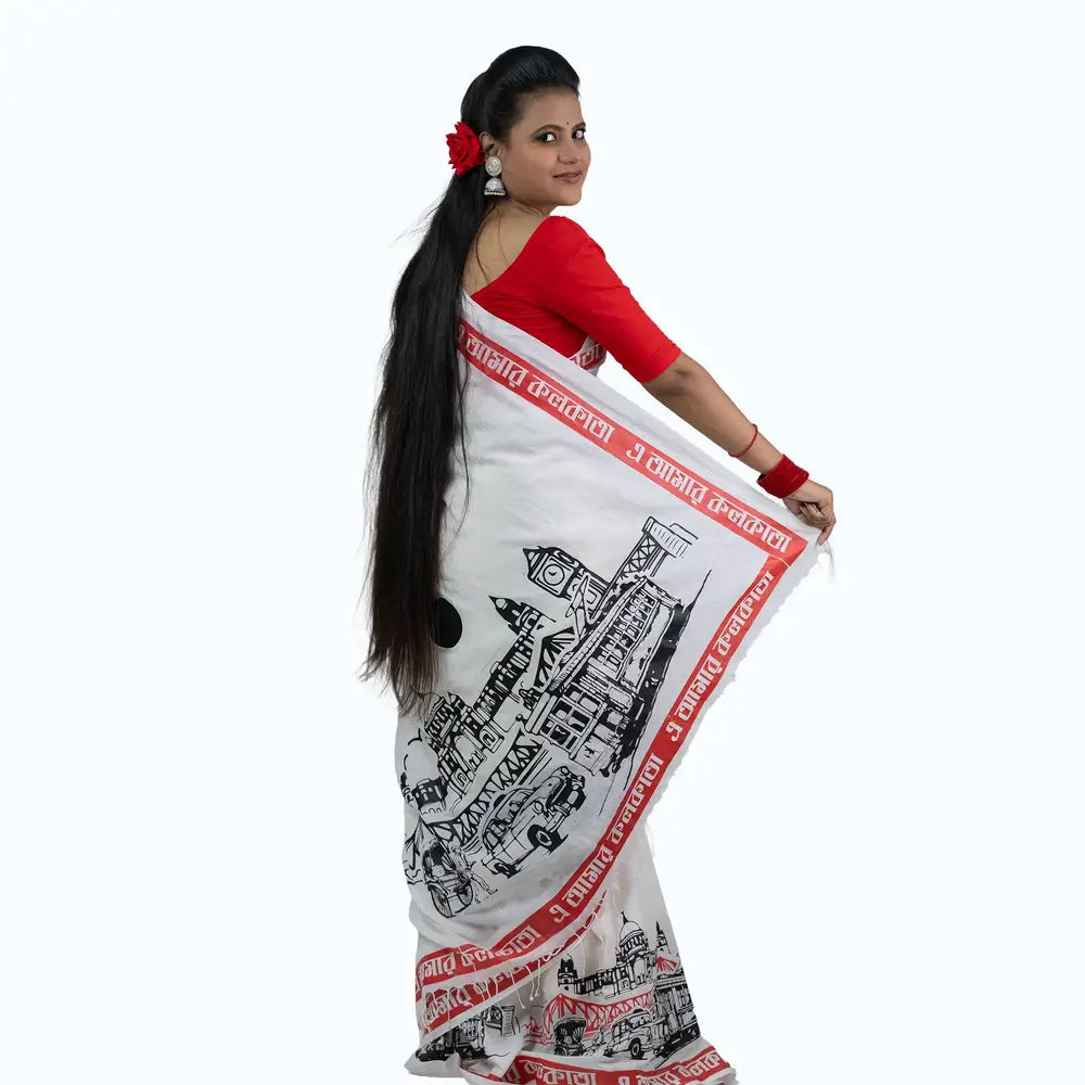 E Amar Kolkata Couple Set – White Bengali Print Saree & Oversized T-Shirt Combo