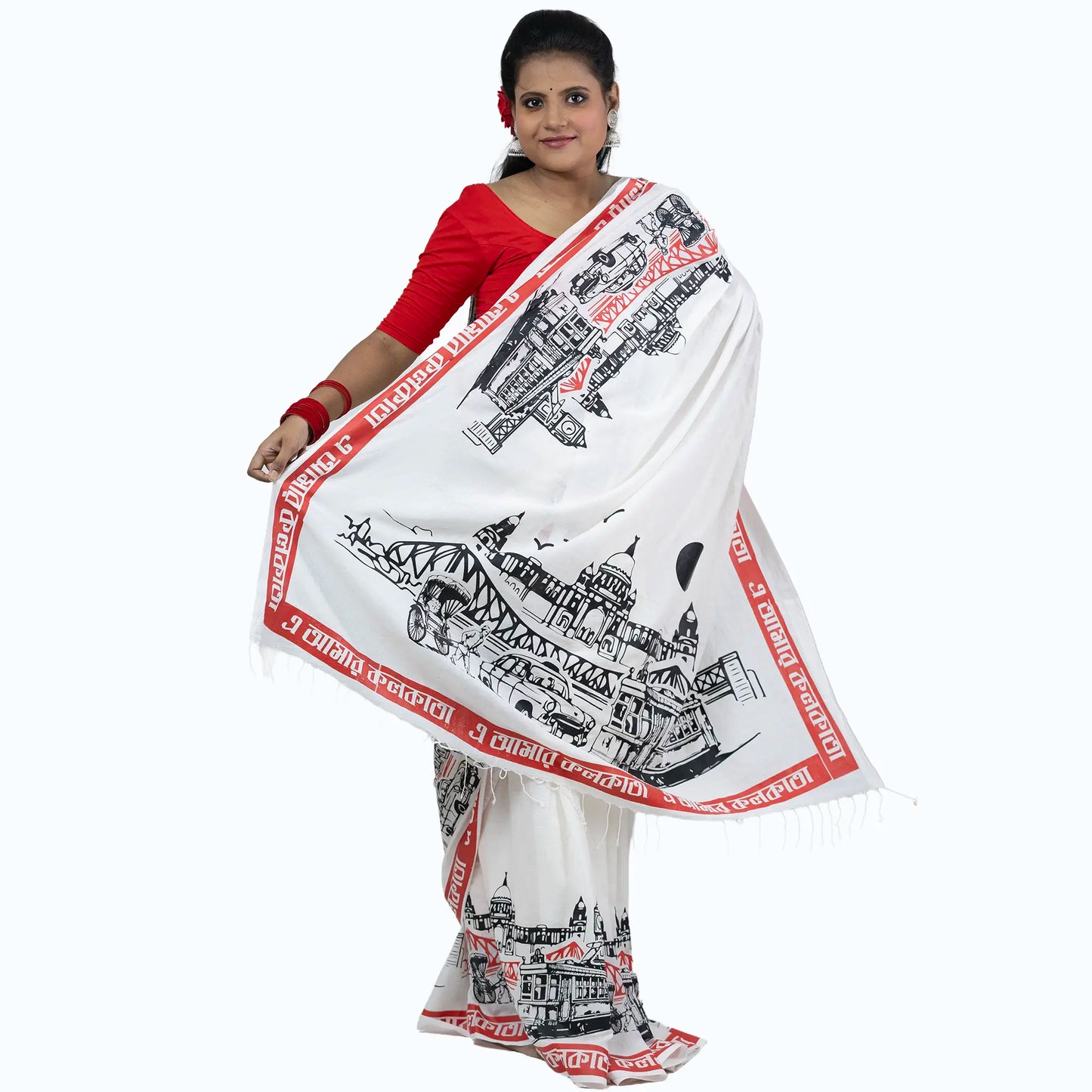 Pure Khadi Cotton Handloom Saree with Full Kolkata Cityscape Pallu Print – Victoria Memorial and Dakshineswar Temple Illustration
