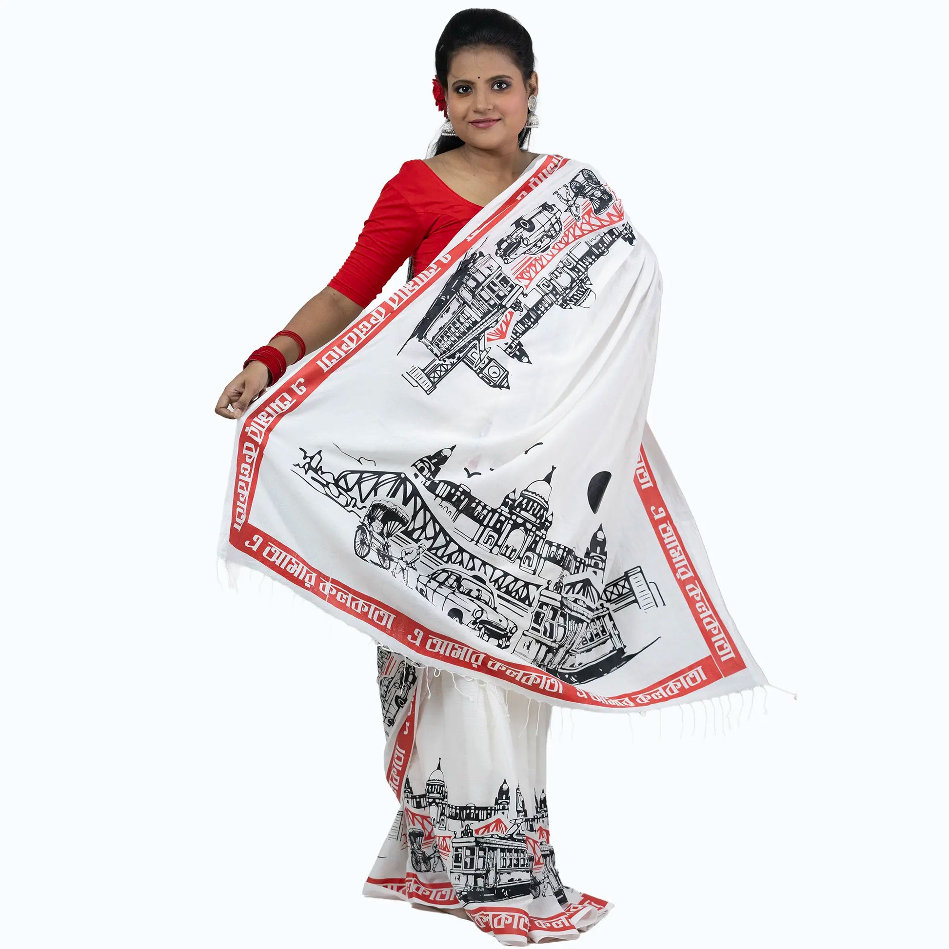 Pure Khadi Cotton Handloom Saree with Full Kolkata Cityscape Pallu Print – Victoria Memorial and Dakshineswar Temple Illustration