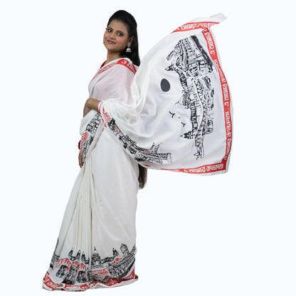 E Amar Kolkata White Handloom Saree – Pallu in Motion Showing Kolkata Panoramic Skyline Print with Red E Amar Kolkata Border
