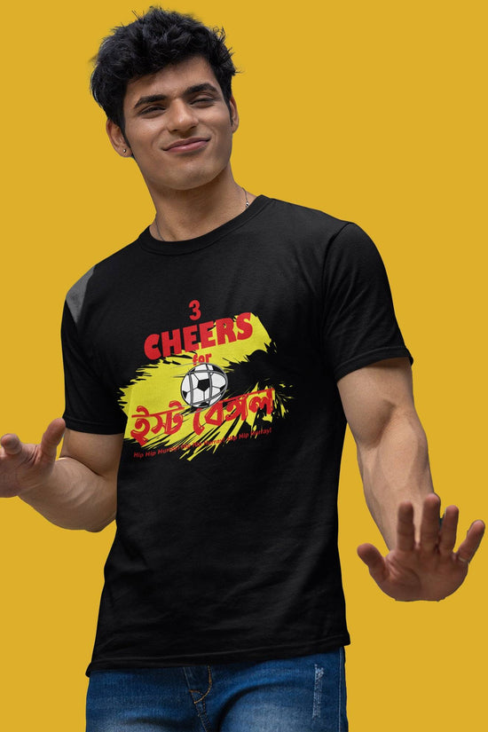 Unisex black 3 Cheers East Bengal T-shirt with bold Bengali design.