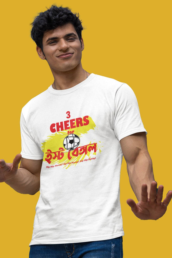Unisex white 3 Cheers East Bengal T-shirt with colorful Bengali design.