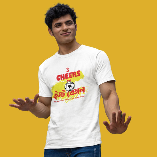 Unisex white 3 Cheers East Bengal T-shirt with colorful Bengali design.