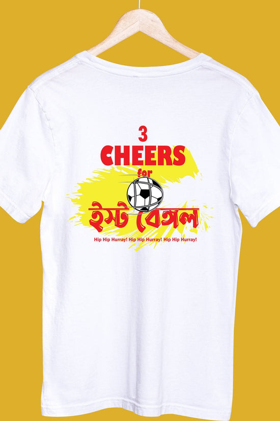 Front view of white 3 Cheers East Bengal T-shirt showcasing Bengali print.