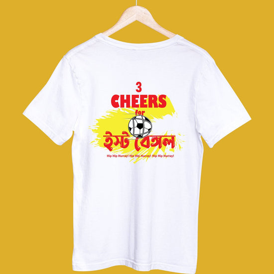 Front view of white 3 Cheers East Bengal T-shirt showcasing Bengali print.