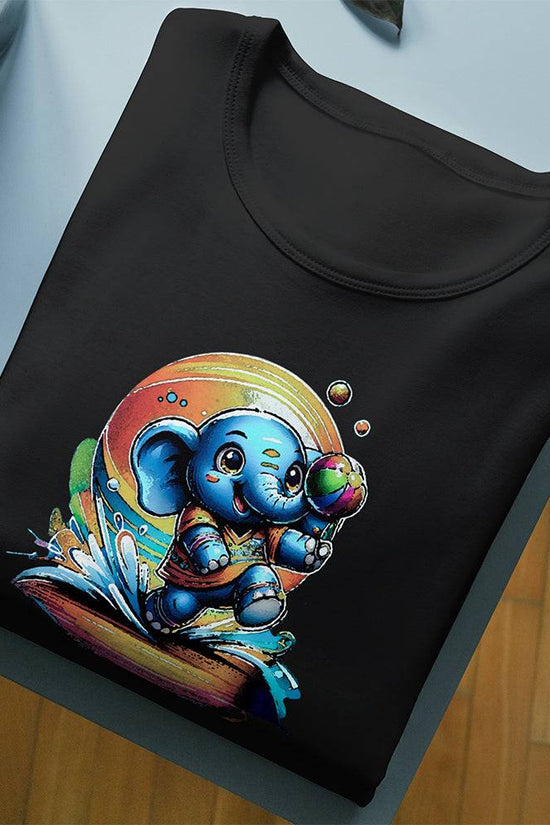 Elephant cartoon T-shirt for kids featuring a cute elephant playing with a ball. Soft, breathable cotton with vibrant, durable print. Perfect for fun wear.